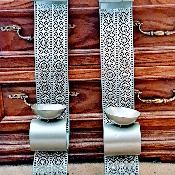 Pair of Decorative Silver Candle Holders Wall Decor 23.5"-23.75"